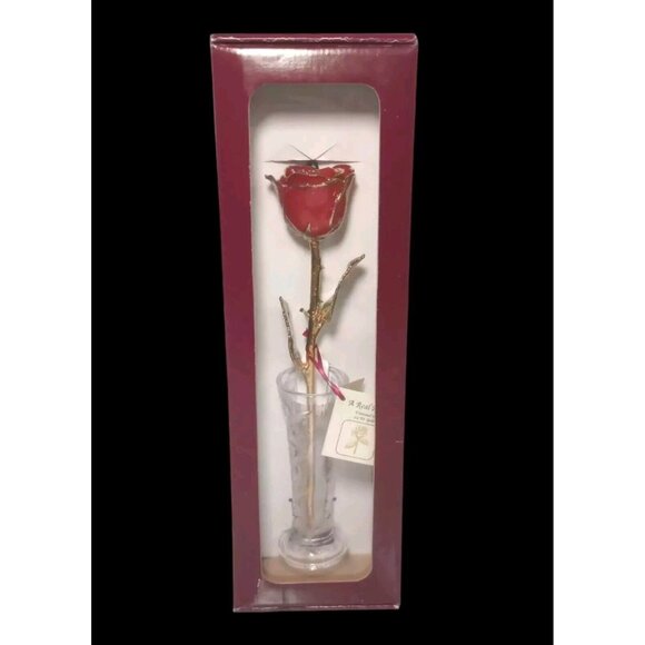 24k Gold Trim Red Rose & Small Bud Vase Set Lacquer Dipped - Picture 7 of 9